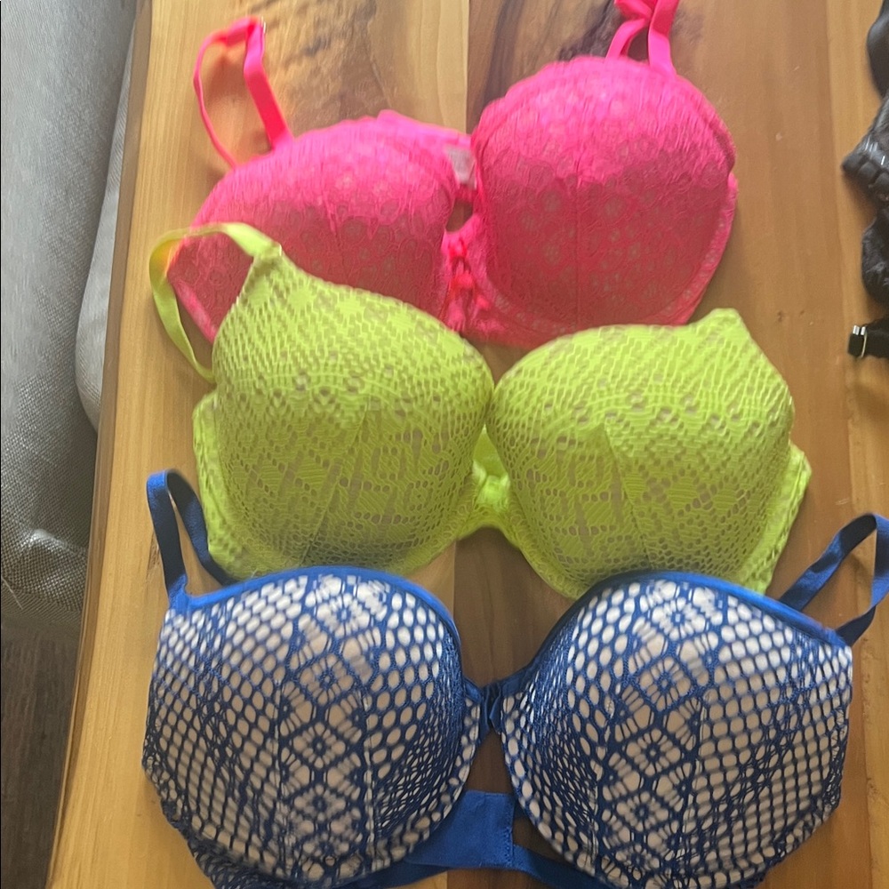 Victoria's Secret Neon Lace Bra Trio - Pink, Yellow, Blue